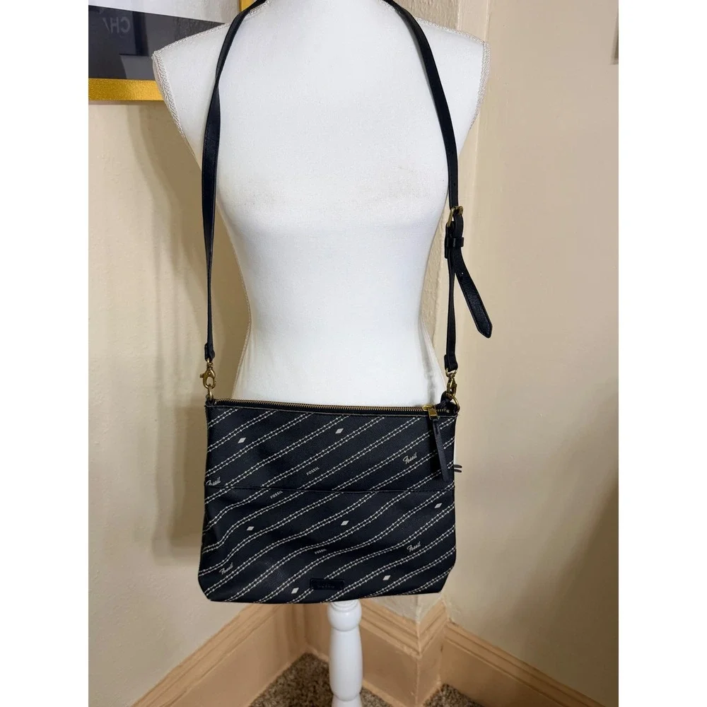Fossil Black Coated Canvas Striped Logo Crossbody Bag Messenger Purse ZB7915